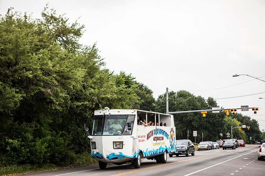 Duck Boat arrives at Lake Austin