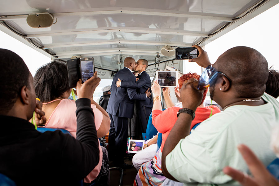 Duck Boat Gay Wedding First Kiss